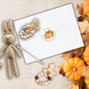 Adesivo Redondo Outono Foliage Pumpkin Fall Chá de fraldas Obrigad