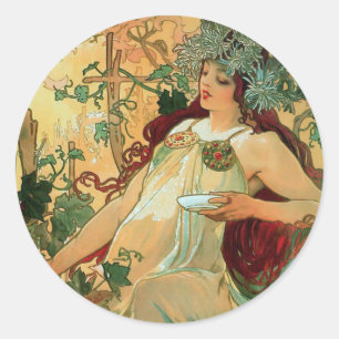 Adesivo Redondo Outono por Alphonse Mucha Art Nouveau Stickers
