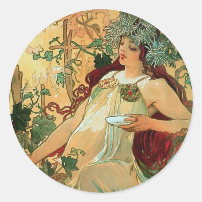 Adesivo Redondo Outono por Alphonse Mucha Art Nouveau Stickers (Frente)