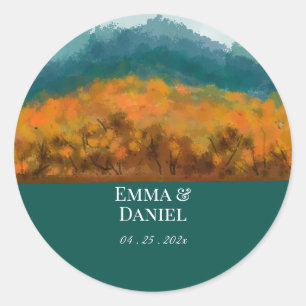 Adesivo Redondo Outono Queda Árvores Florestais Azuis Montanha