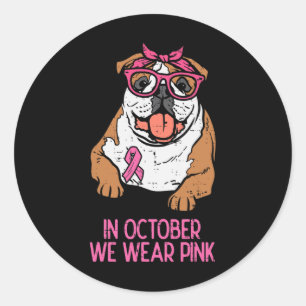 Adesivo Redondo Outubro Vestimos o Cancer de Mama do Bulldog Inglê