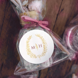 Adesivo Redondo Oval wreath wedding monogram gold dark red white