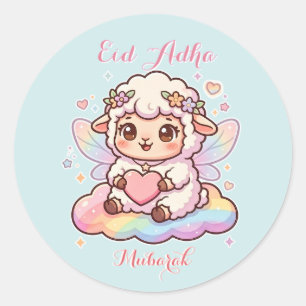 Adesivo Redondo Ovelha Fada Chibi Fofa Arco-íris Eid Adha Mubarak 