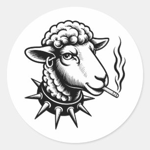 Adesivo Redondo Ovelha Rebelde – Gráfico de Estilo de Tatuagem Pun
