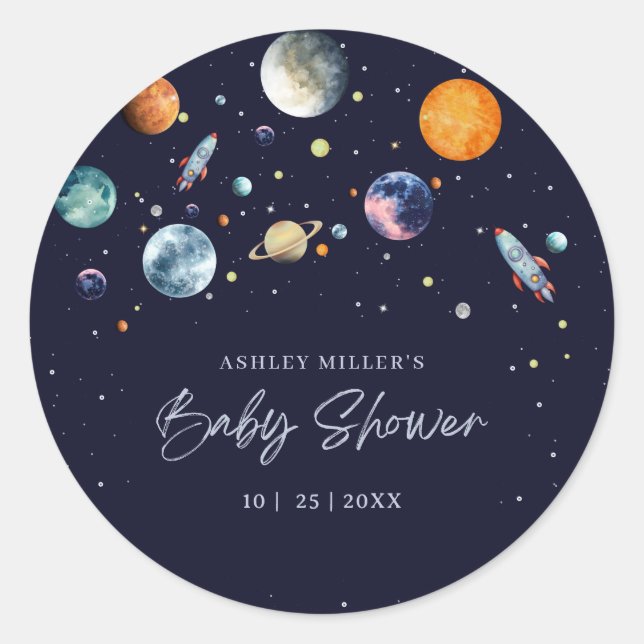Adesivo Redondo Over The Moon Boy Baby Shower Invite, Space Galaxy (Frente)