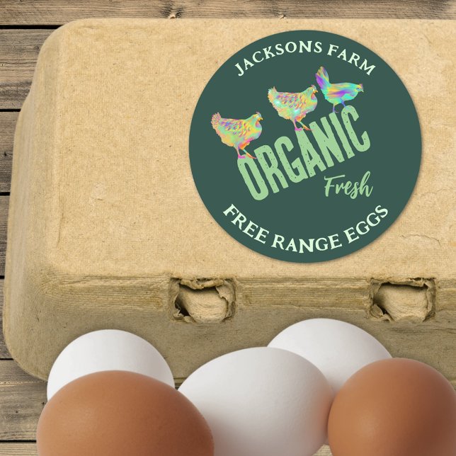 Adesivo Redondo Ovos de frango frescos Intervalo livre orgânico (Organic fresh free range chicken eggs stickers with personalized small business name)