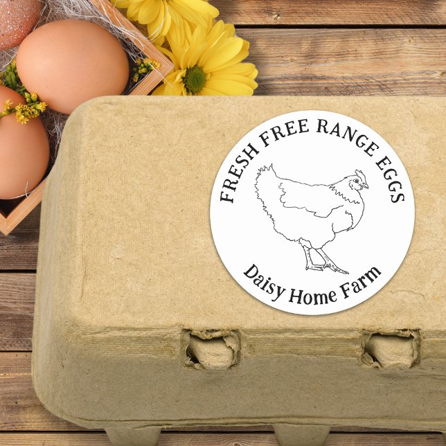 Adesivo Redondo Ovos De Galinha Simples Desenhados Personalizados (Chicken egg box custom labels simple black and white hen illustration with fresh free range eggs )