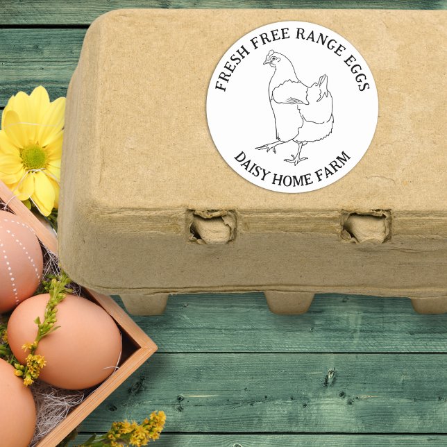 Adesivo Redondo Ovos frescos (Fresh free range chicken eggs custom sticker with simple hen line drawing )