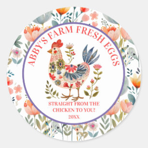 Adesivo Redondo Ovos Frescos da Fazenda Galinha Arte Folclórica