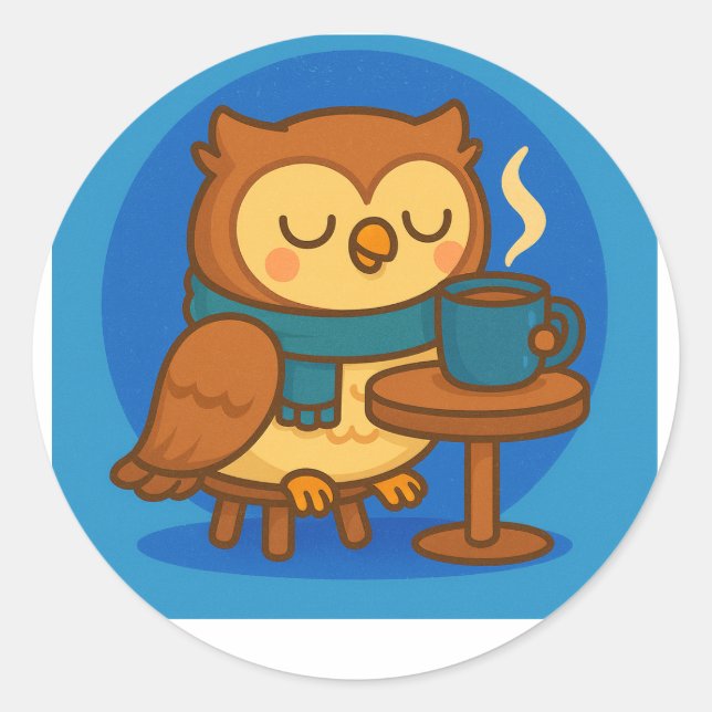 Adesivo Redondo Owl Coffee Break (Blue Background) Sticker (Frente)