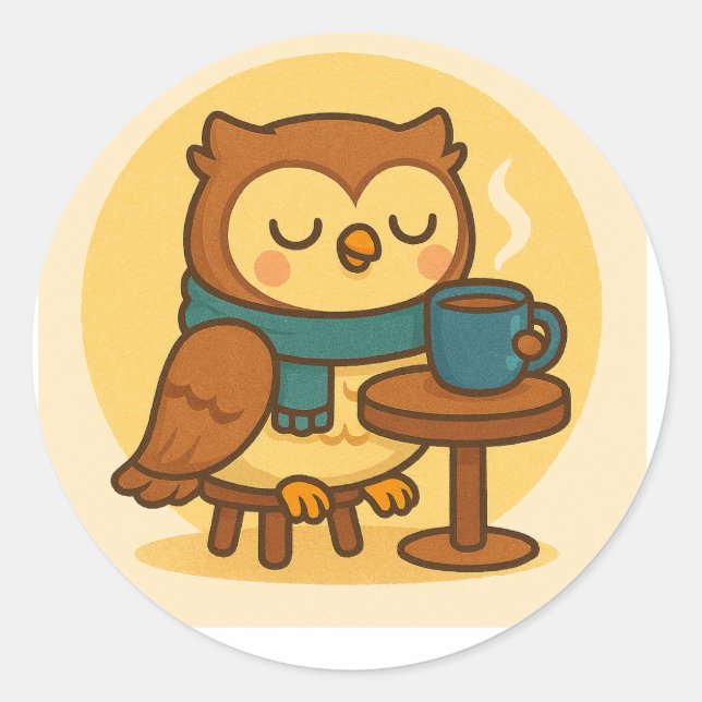 Adesivo Redondo Owl Coffee Break Sticker (Frente)