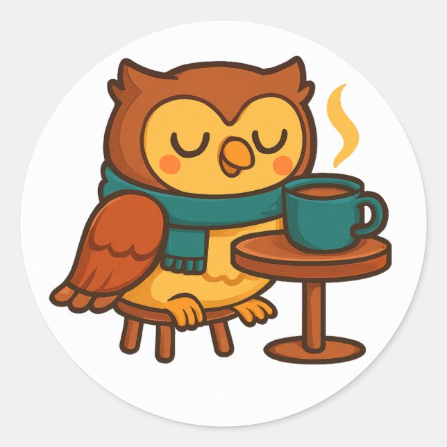 Adesivo Redondo Owl Coffee Break (White Background Glossy) Sticker (Frente)