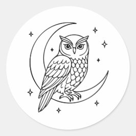 Adesivo Redondo Owl on Crescent Moon with Stars Line Art