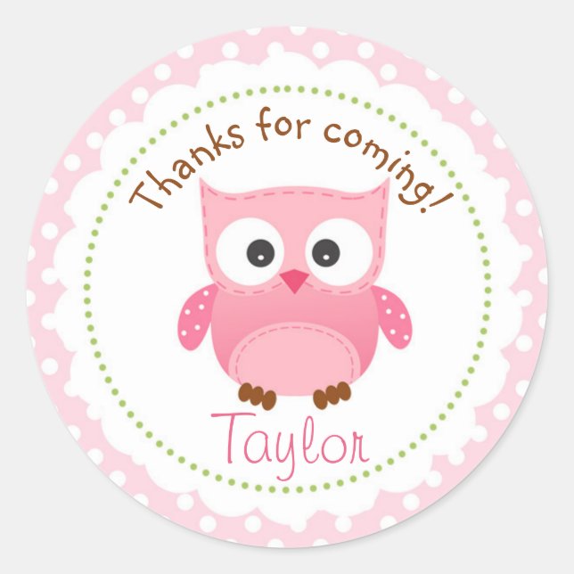 Adesivo Redondo Owl Sticker Pink (Favor do Partido primeiro aniver (Frente)
