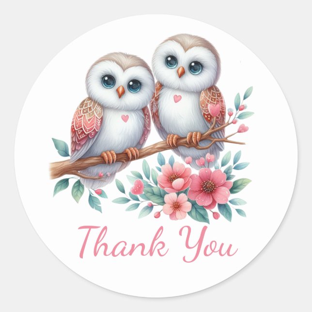 Adesivo Redondo Owl Woodland Boho Country Wedding Thank You  (Frente)