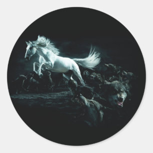 Adesivo Redondo Pacote de lobos atacando um cavalo branco