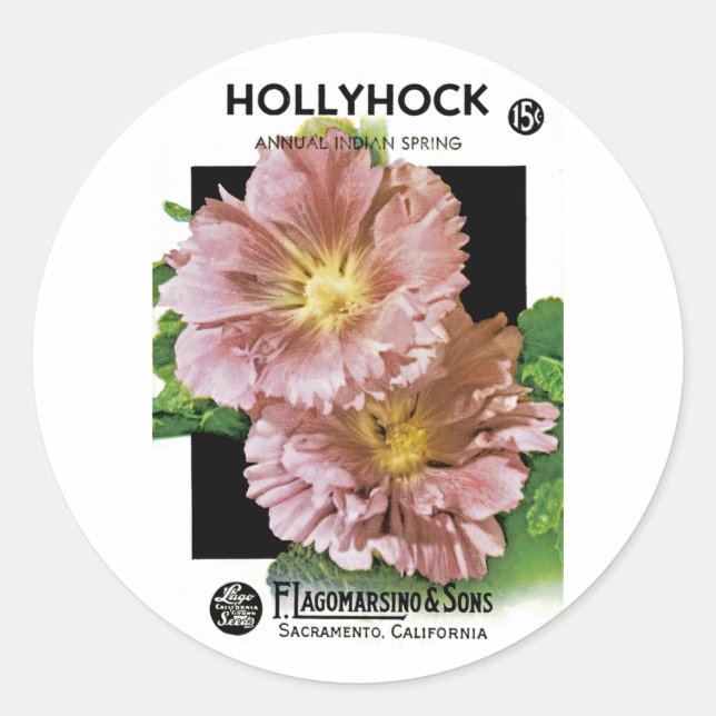 Adesivo Redondo Pacote de Semente Hollyhock Vintage (Frente)