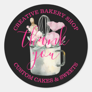 Adesivo Redondo Padaria pastelaria Chef obrigado preto rosa fofo v