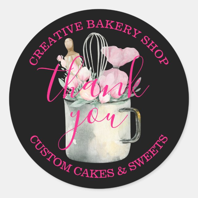 Adesivo Redondo Padaria pastelaria Chef obrigado preto rosa fofo v (Frente)