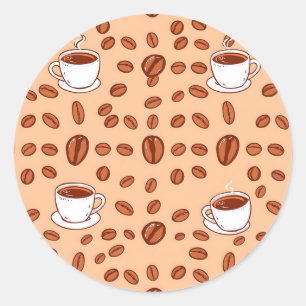Adesivo Redondo Padrão Aconchegante de Xícaras de Grãos de Café