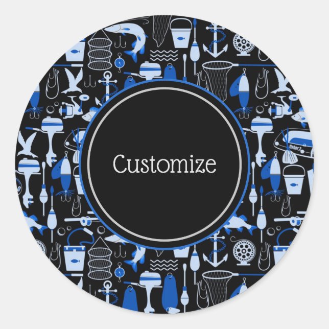 Adesivo Redondo Padrão Azul De Pesca Personalizado (Frente)