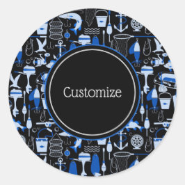 Adesivo Redondo Padrão Azul De Pesca Personalizado