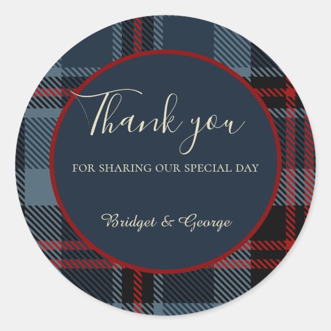 Adesivo Redondo padrão azul vermelho preto escocês-celta-tartã (Frente)