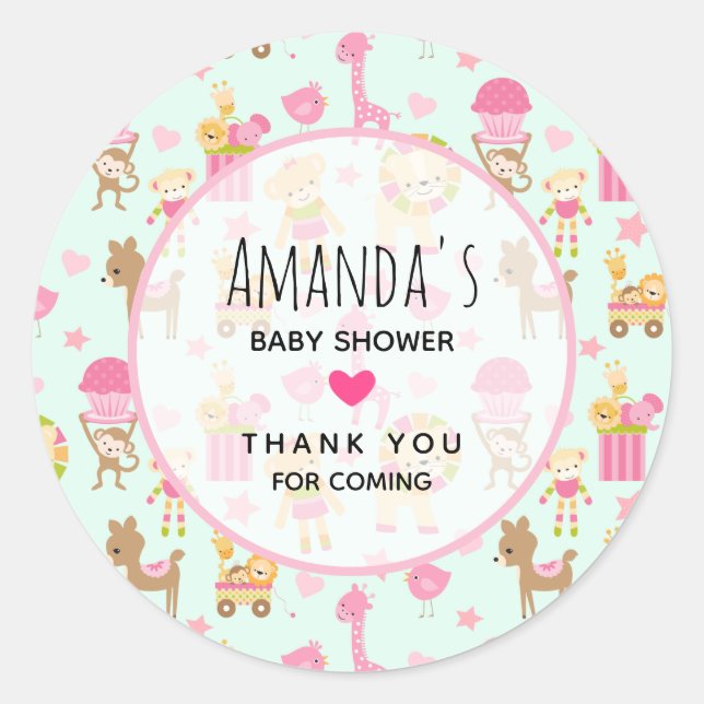 Adesivo Redondo Padrão bonito com animais e brinquedos felizes (Frente)