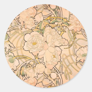 Adesivo Redondo Padrão Clássico de Jardim de Peônia Art Nouveau po