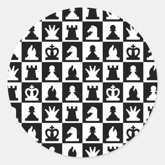 Adesivo Redondo Padrão clássico de tabuleiro preto e branco (Frente)