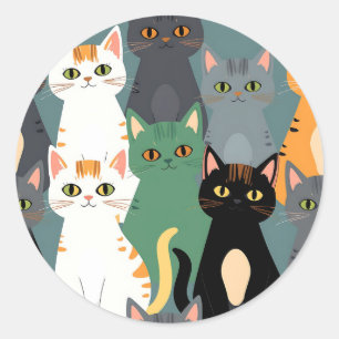 Adesivo Redondo Padrão Colorido de Gatos de Desenho Animado em Mul