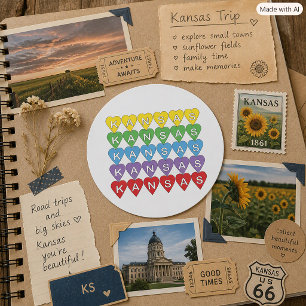 Adesivo Redondo Padrão Colorido do Coração do Kansas Orgulho do Es