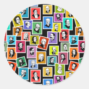 Adesivo Redondo Padrão com retratos dos maiores compositores