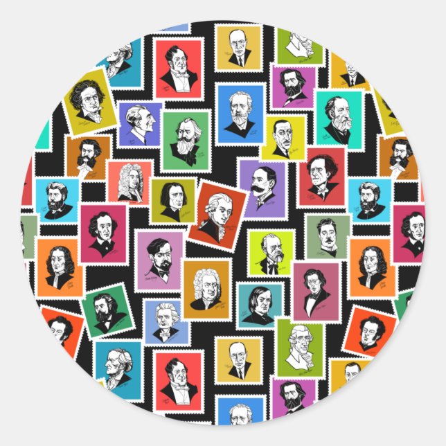 Adesivo Redondo Padrão com retratos dos maiores compositores (Frente)