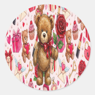 Adesivo Redondo Padrão de Amor em Aquarela Rosa e Vermelho Românti