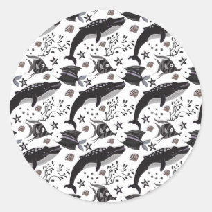 Adesivo Redondo Padrão de animais aquáticos   vida submarina do 