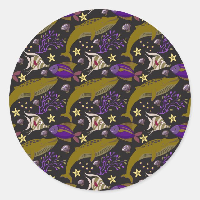 Adesivo Redondo Padrão de animais aquáticos | vida submarina do oc (Frente)