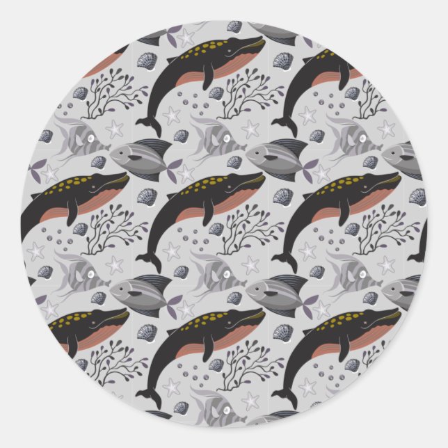 Adesivo Redondo Padrão de animais aquáticos | vida submarina do oc (Frente)