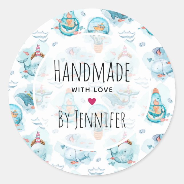 Adesivo Redondo Padrão de Aquarela das Baleias Náuticas Cóticas (Frente)
