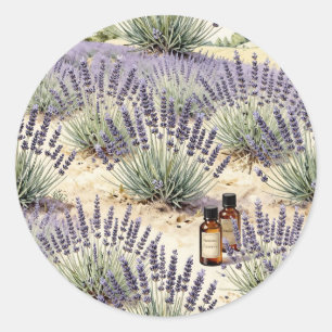 Adesivo Redondo Padrão de Aquarela de Campo de Lavanda Óleo Essenc