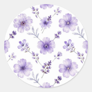 Adesivo Redondo Padrão de Aquarela de Flor de Linho Roxo Lavanda