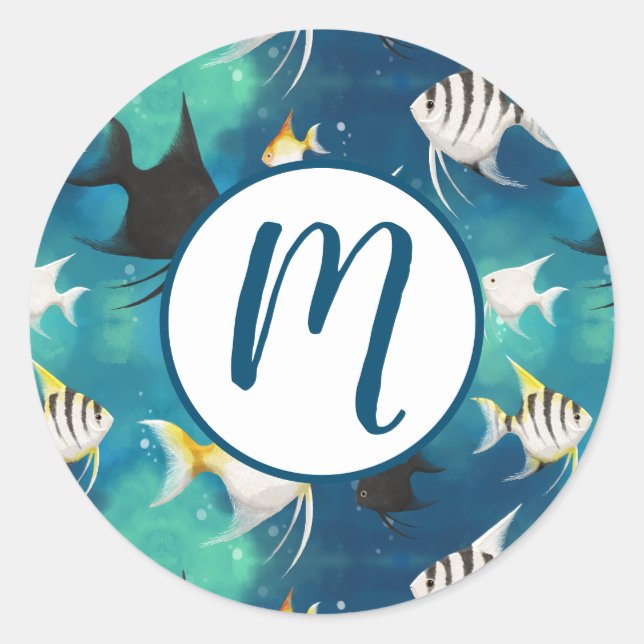 Adesivo Redondo Padrão de Aquário de Angelfish (Frente)