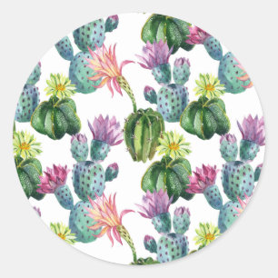 Adesivo Redondo Padrão de Arte de Cactos de Aquarela