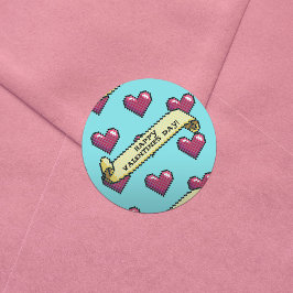 Adesivo Redondo Padrão de Arte de Pixel do Feliz dia de os namorad