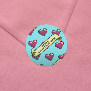 Adesivo Redondo Padrão de Arte de Pixel do Feliz dia de os namorad