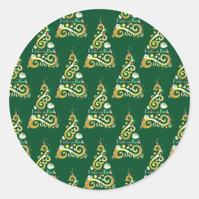 Adesivo Redondo Padrão de árvore de Natal abstrato verde e dourado (Frente)