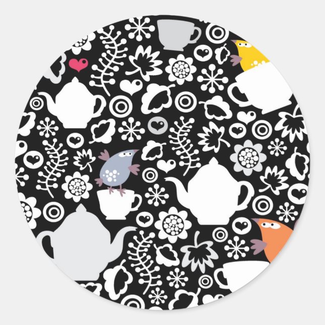 Adesivo Redondo Padrão de aves e copos (Frente)
