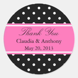 Adesivo Redondo Padrão de Bolinhas branco, preto e rosa Obrigado