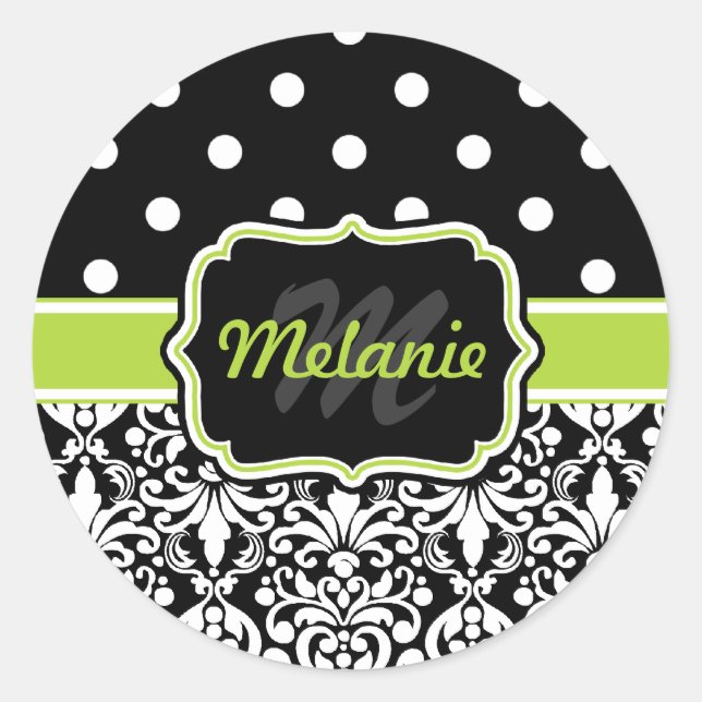 Adesivo Redondo Padrão de Bolinhas de Damask Verde Preto (Frente)