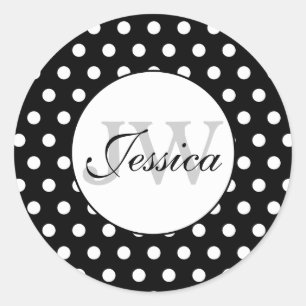 Adesivo Redondo Padrão de bolinhas preto e branco da moda Monogram